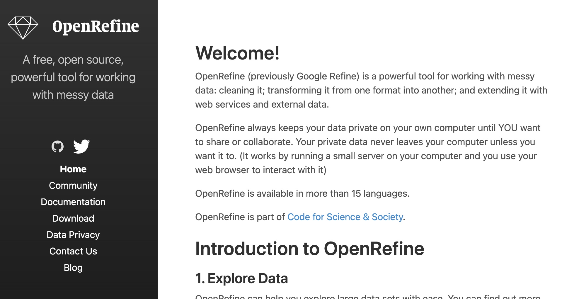 The homepage for Google's OpenRefine