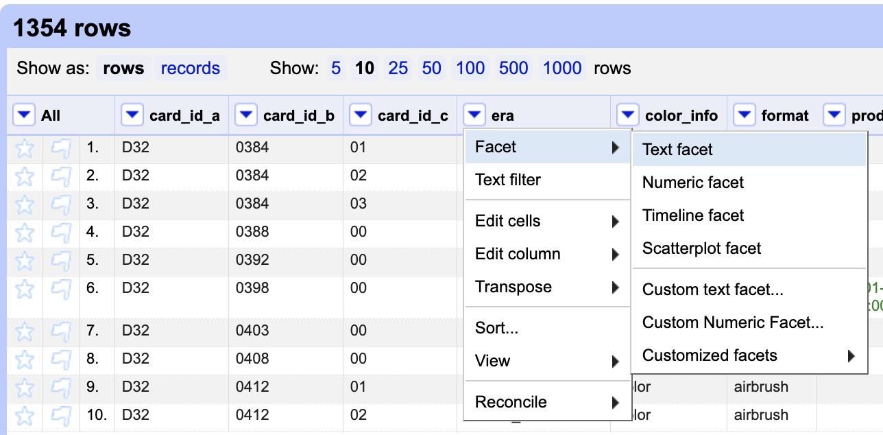 OpenRefine with the era column menu opened to Text Fact