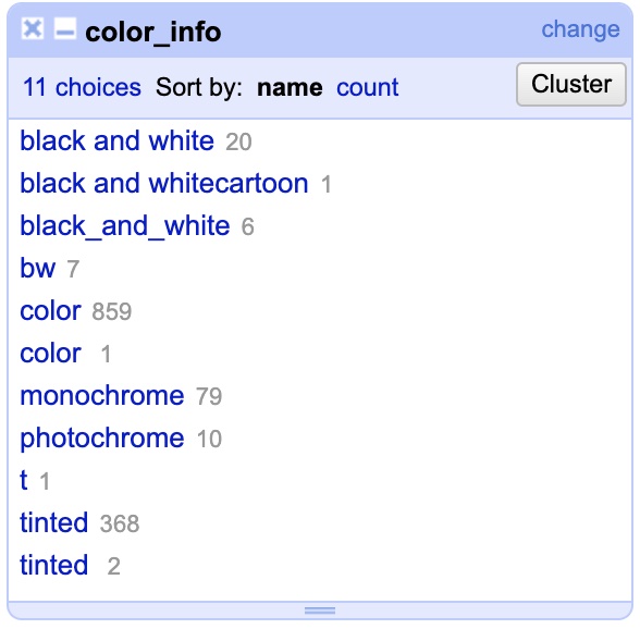 A text facet of the color_info column
