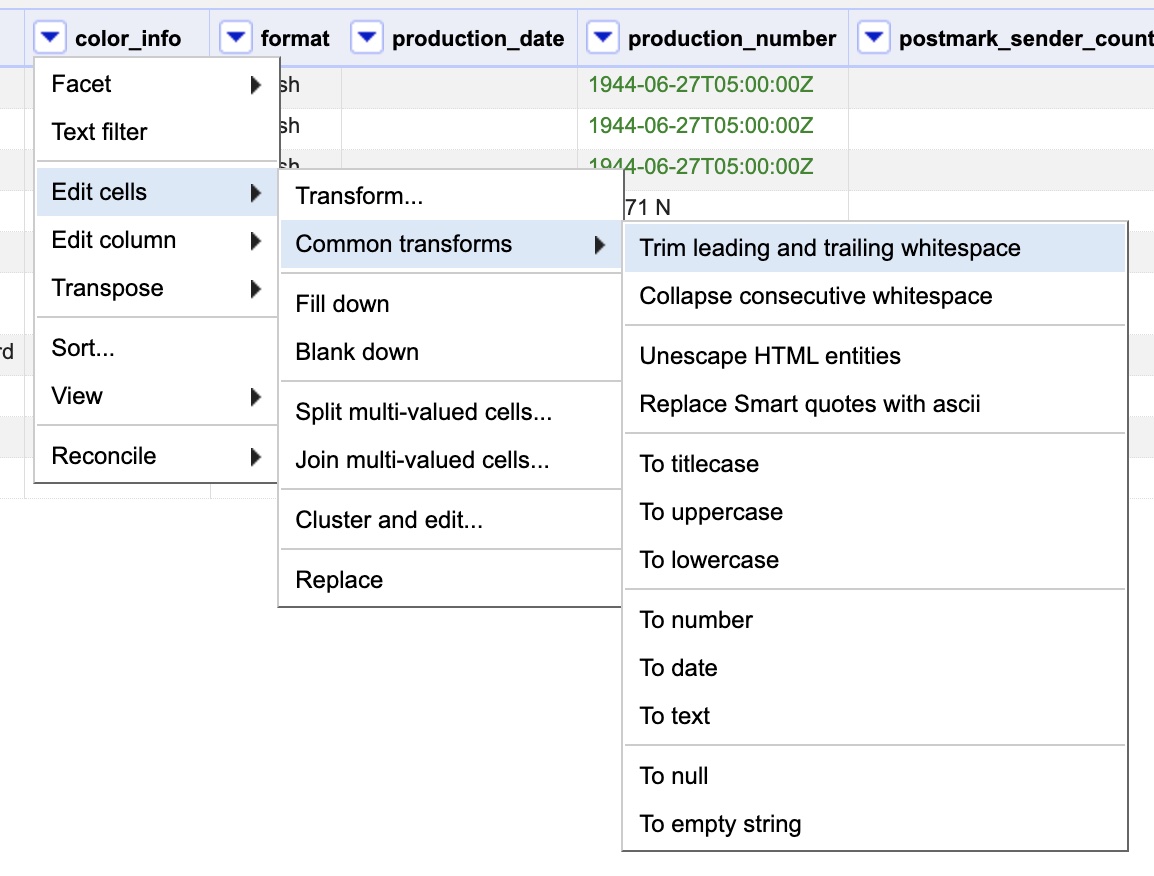 Drop-down menu for color_info column with "Trim leading & trailing whitespace" highlighted