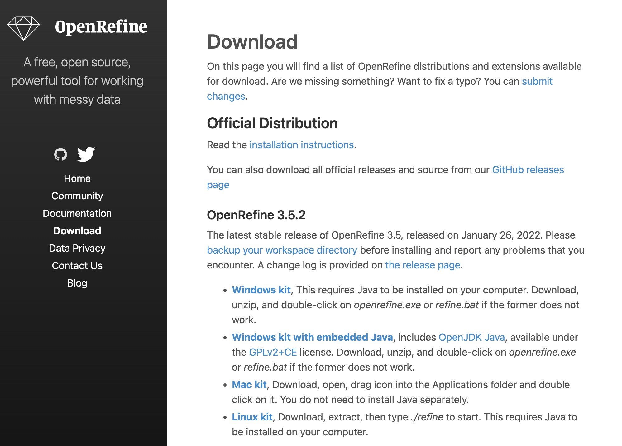 The Download page for Google's OpenRefine