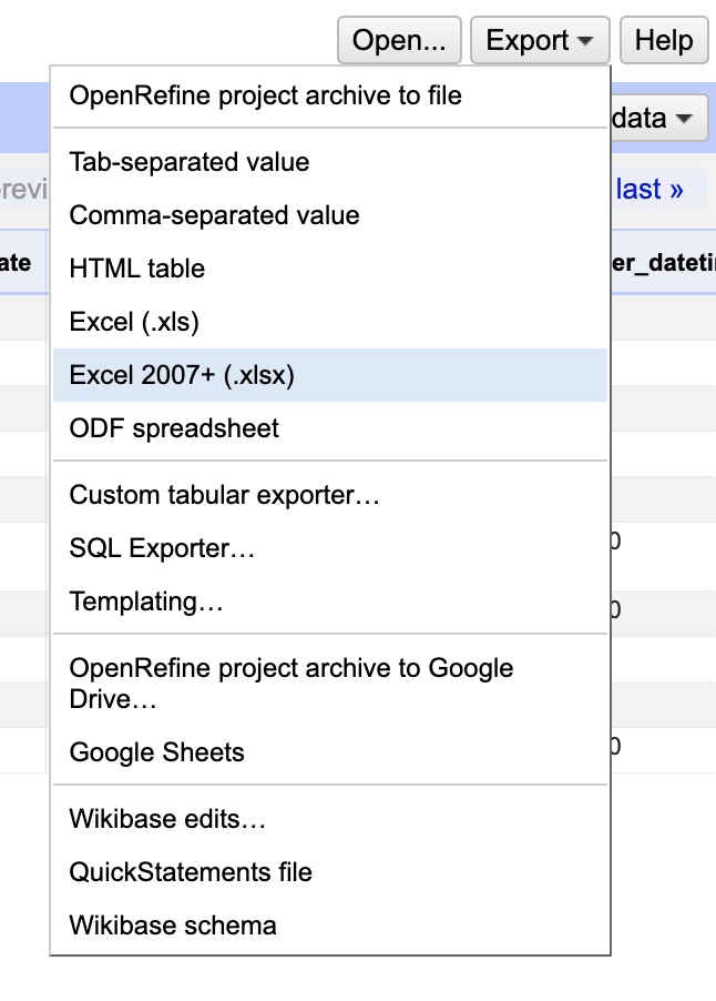 Showing the Export dropdown menu with Excel 2007+ highlighted