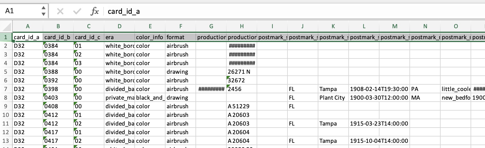 Cleaned data opened in Excel with the first row's number highlighted to click