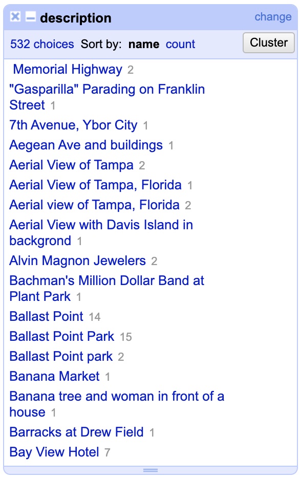 A text facet of the description column from the Image Locations spreadsheet