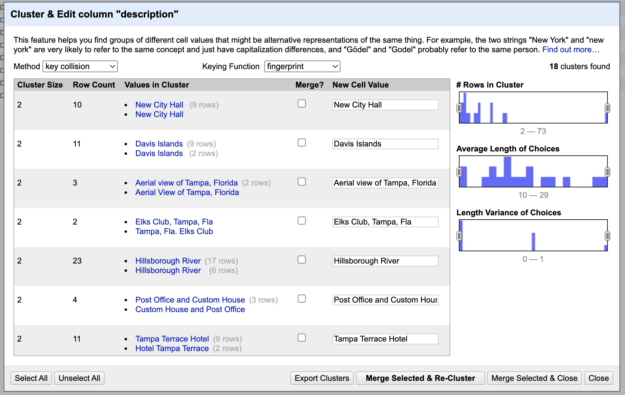 The Cluster & edit dialog box when opened