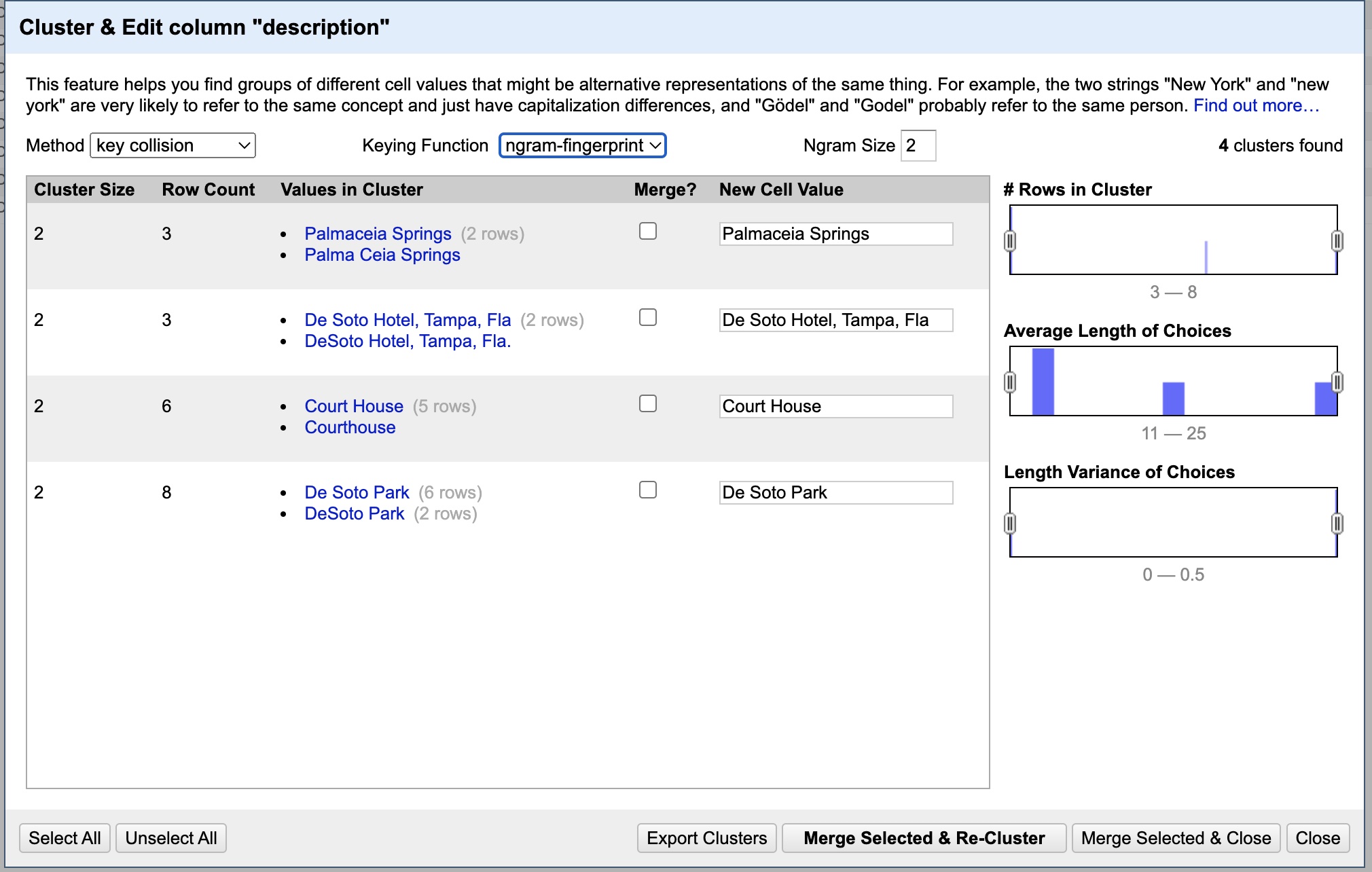 Cluster & edit dialog box after performing n-gram fingerprint function