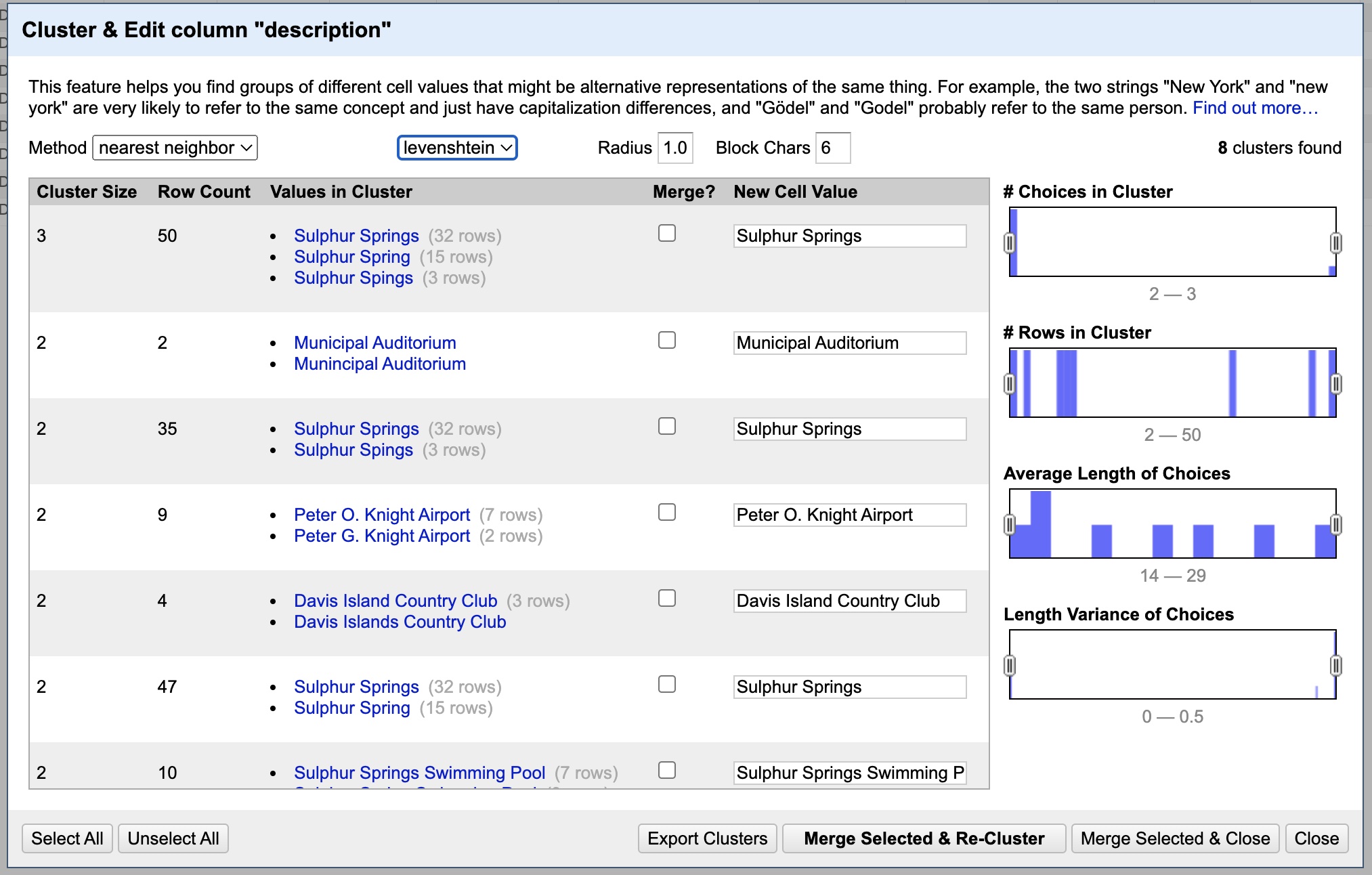 Cluster & edit dialog box with nearest neighbor method selected