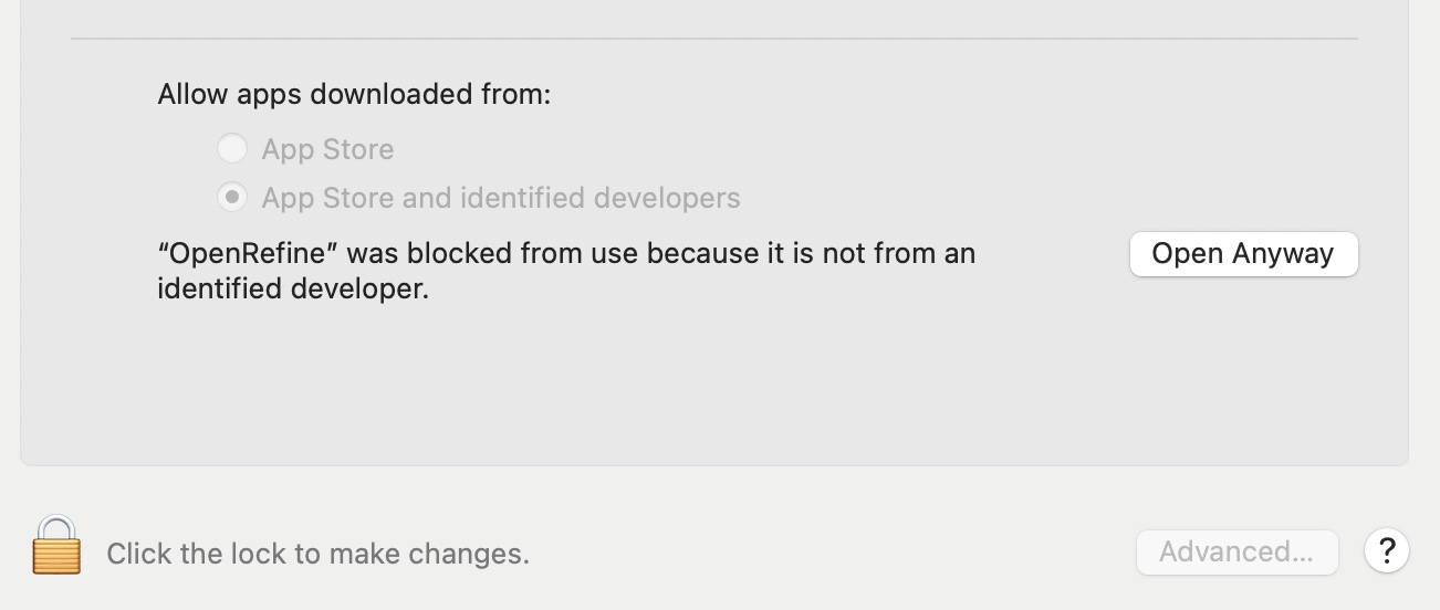 Shows the message received in the OSX Security & Privacy settings panel about OpenRefine, including a padlock in the lower-left corner to unlock.
